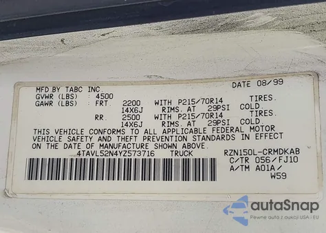 2000 Toyota Tacoma из США, поврежденный, VIN 4TAVL52N4YZ573716